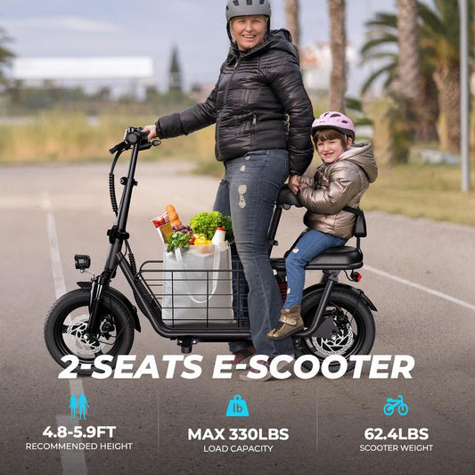 Folding Electric Commuter Scooter with Seat for Adults, 850W Peak, 14” Tire, 25 Miles Max Range, 22 MPH, Dual Suspension, 3 Gear Speed, Adjustable E-Scooter with Seat and Basket for Commuting, 330lbs Load